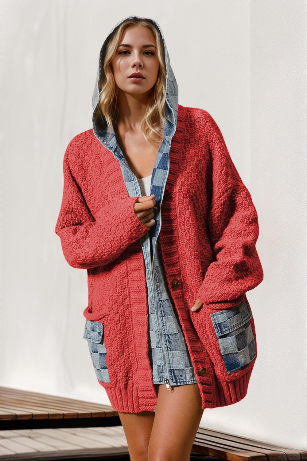Double Take Full Size Hooded Denim Spliced Sweater Cardigan Carauana Store