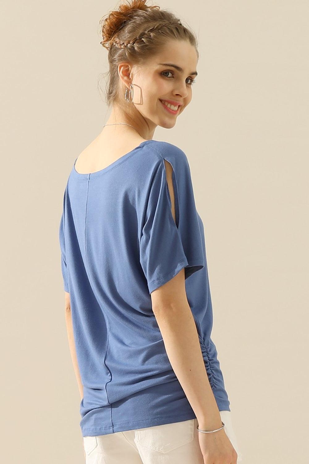 Ninexis Boat Neck Short Sleeve Ruched Side Top Carauana Store