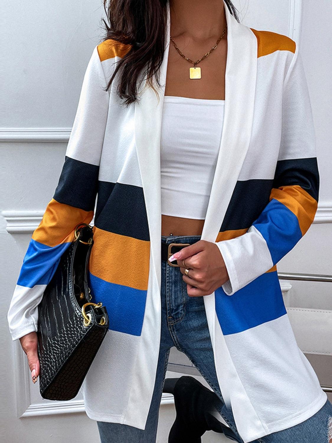 Shiny Color Block Open Front Cardigan Carauana Store