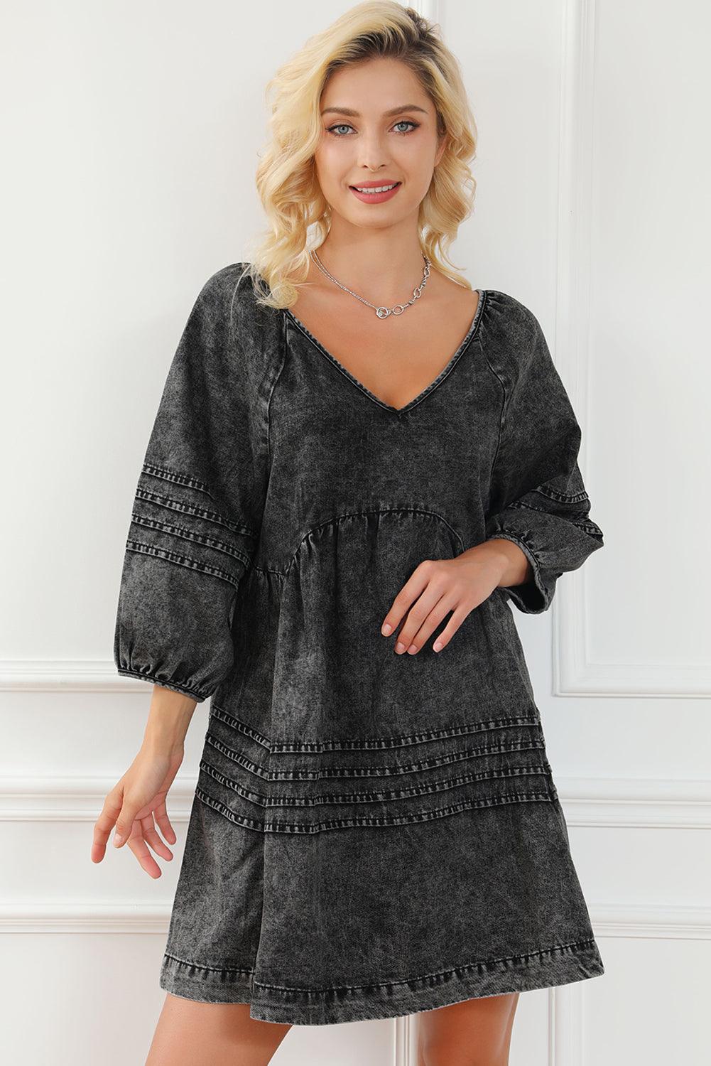 V-Neck Tie Back Mini Denim Dress Carauana Store