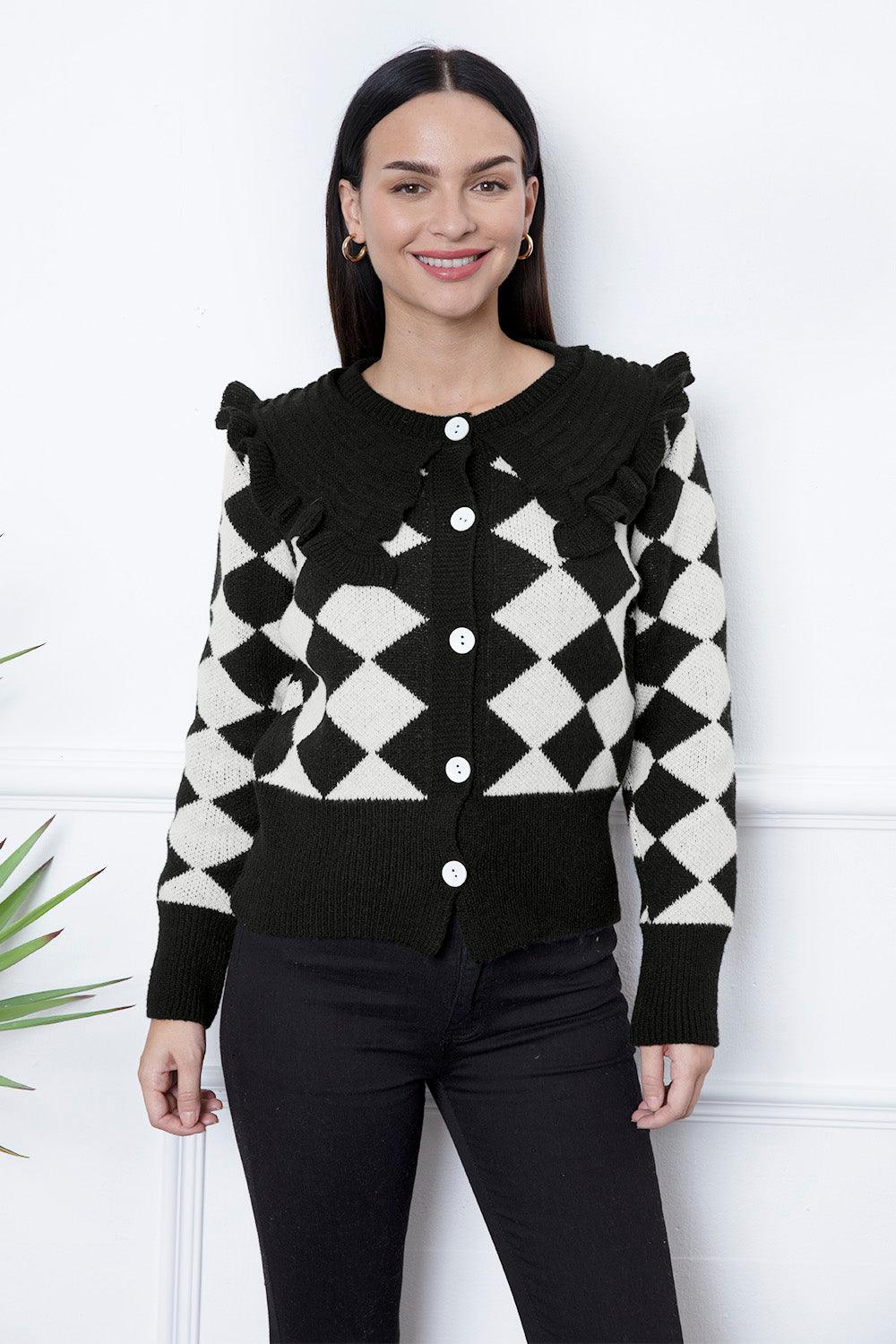 Argyle Element Button Up Ruffled Cardigan Carauana Store