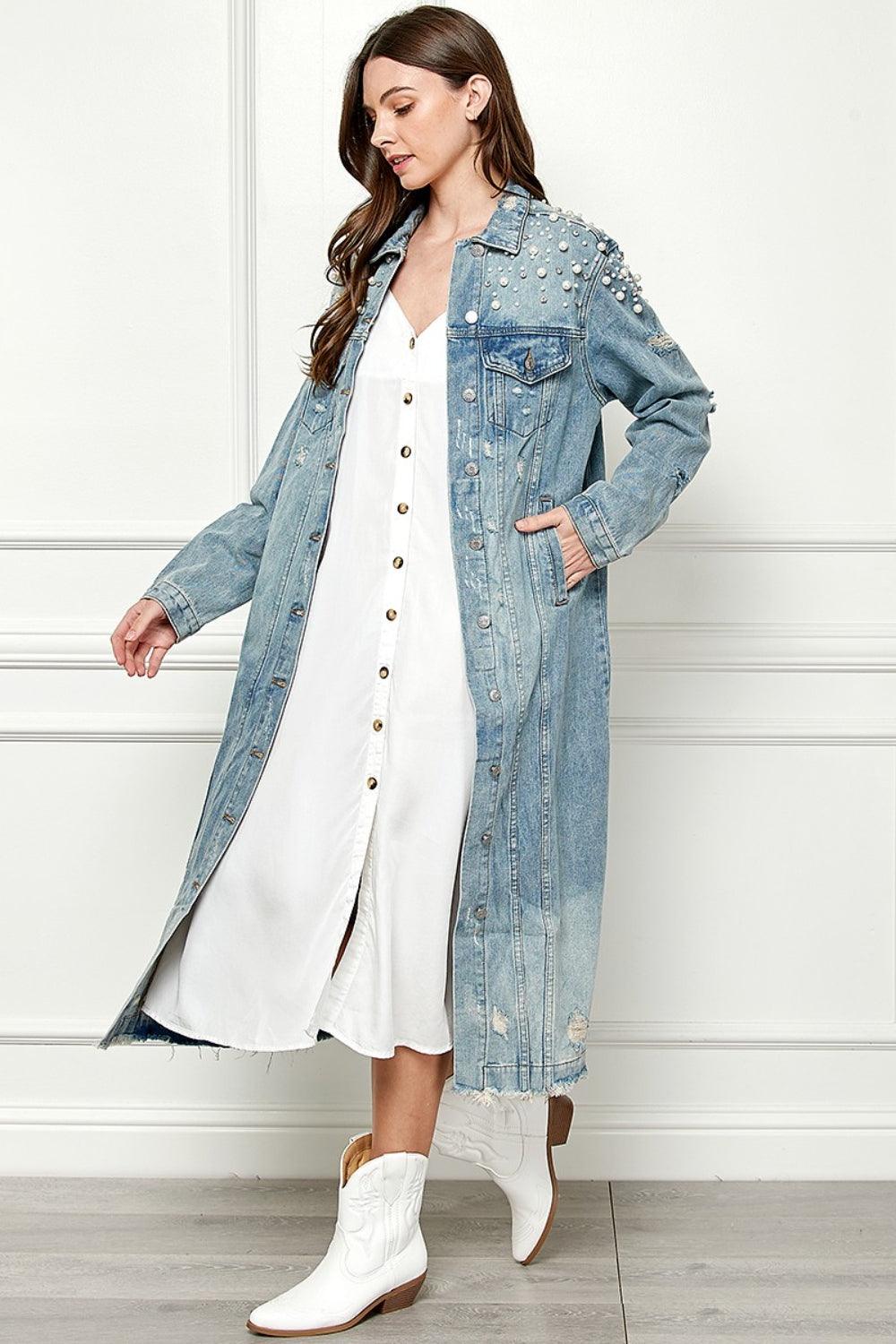 Veveret Full Size Distressed Raw Hem Pearl Detail Button Up Jacket Carauana Store