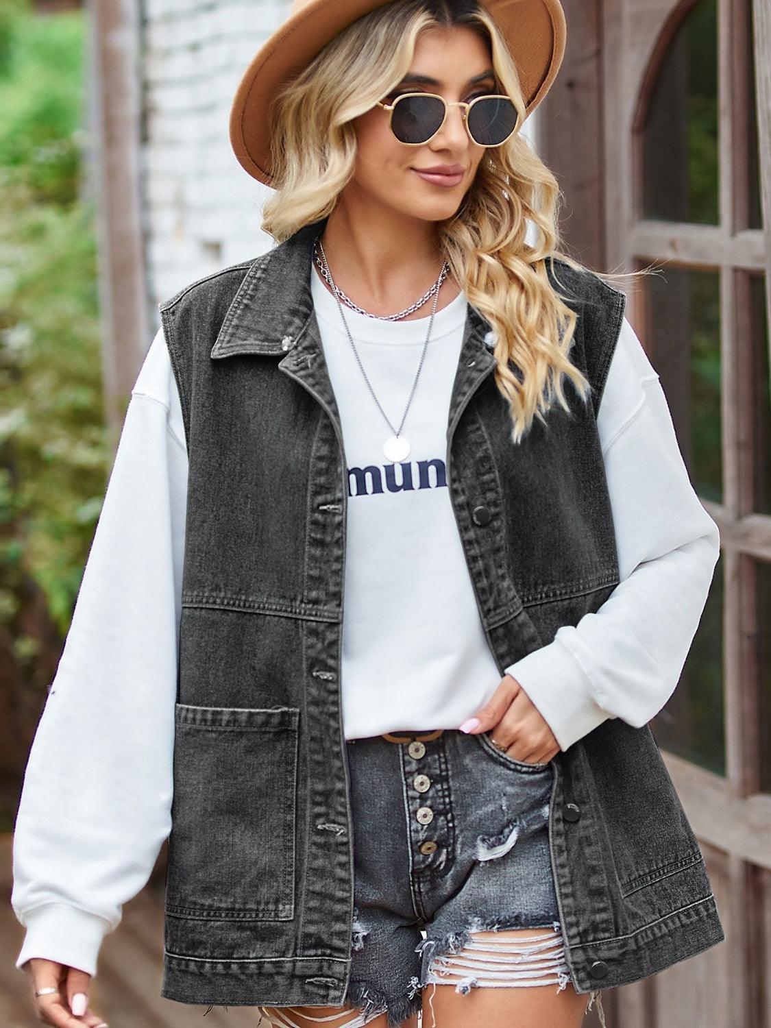Button Front Sleeveless Denim Jacket Carauana Store