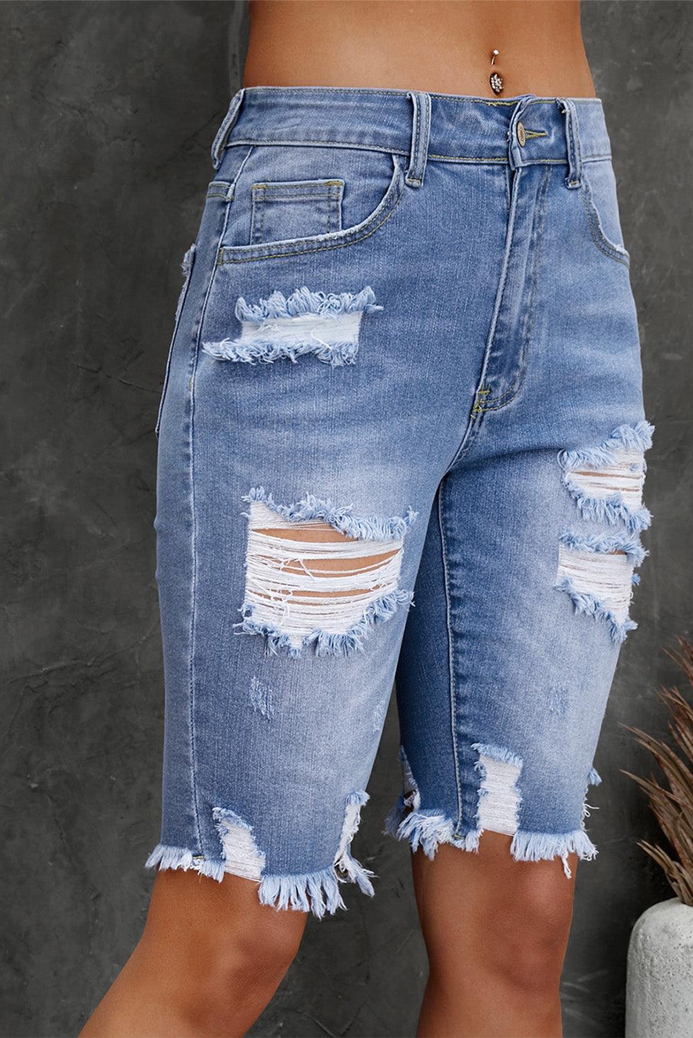 Distressed Frayed Hem Denim Bermuda Shorts Carauana Store