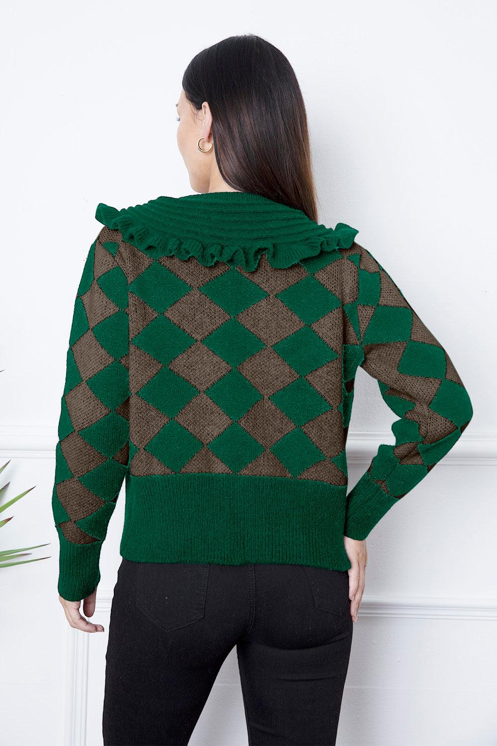 Argyle Element Button Up Ruffled Cardigan Carauana Store