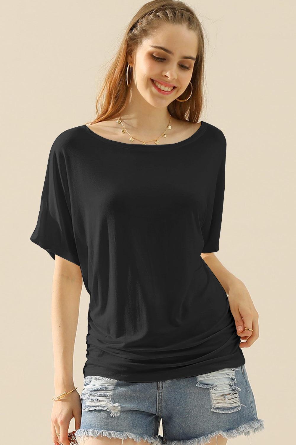 Ninexis Boat Neck Short Sleeve Ruched Side Top Carauana Store