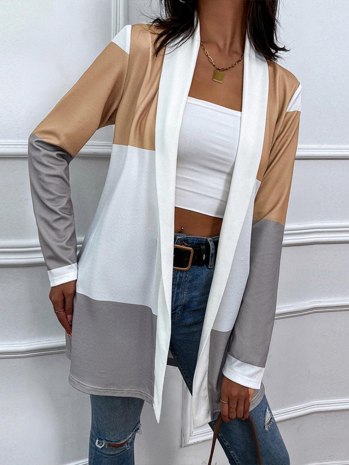 Shiny Color Block Open Front Cardigan Carauana Store