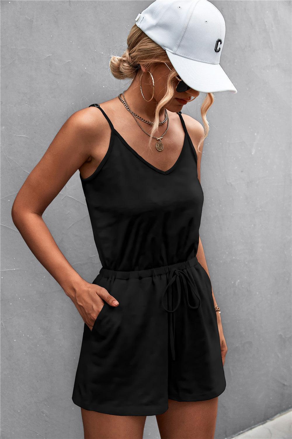 Spaghetti Strap V-Neck Pocket Romper Carauana Store
