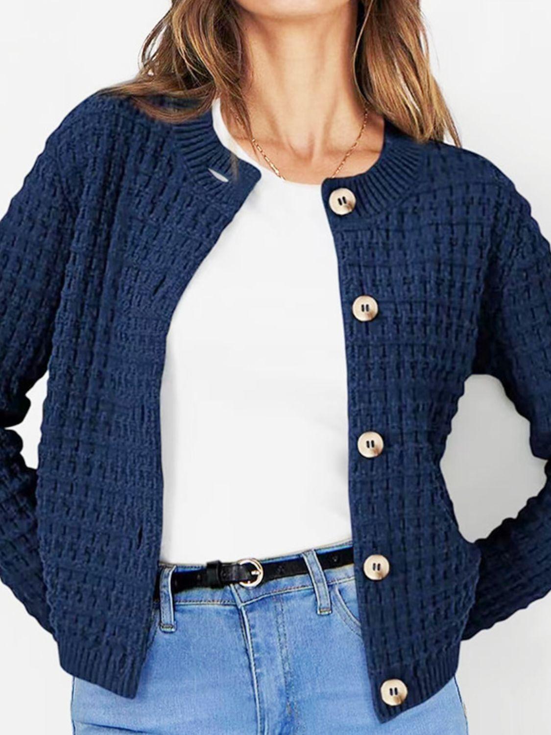 Button Up Round Neck Long Sleeve Cardigan Carauana Store