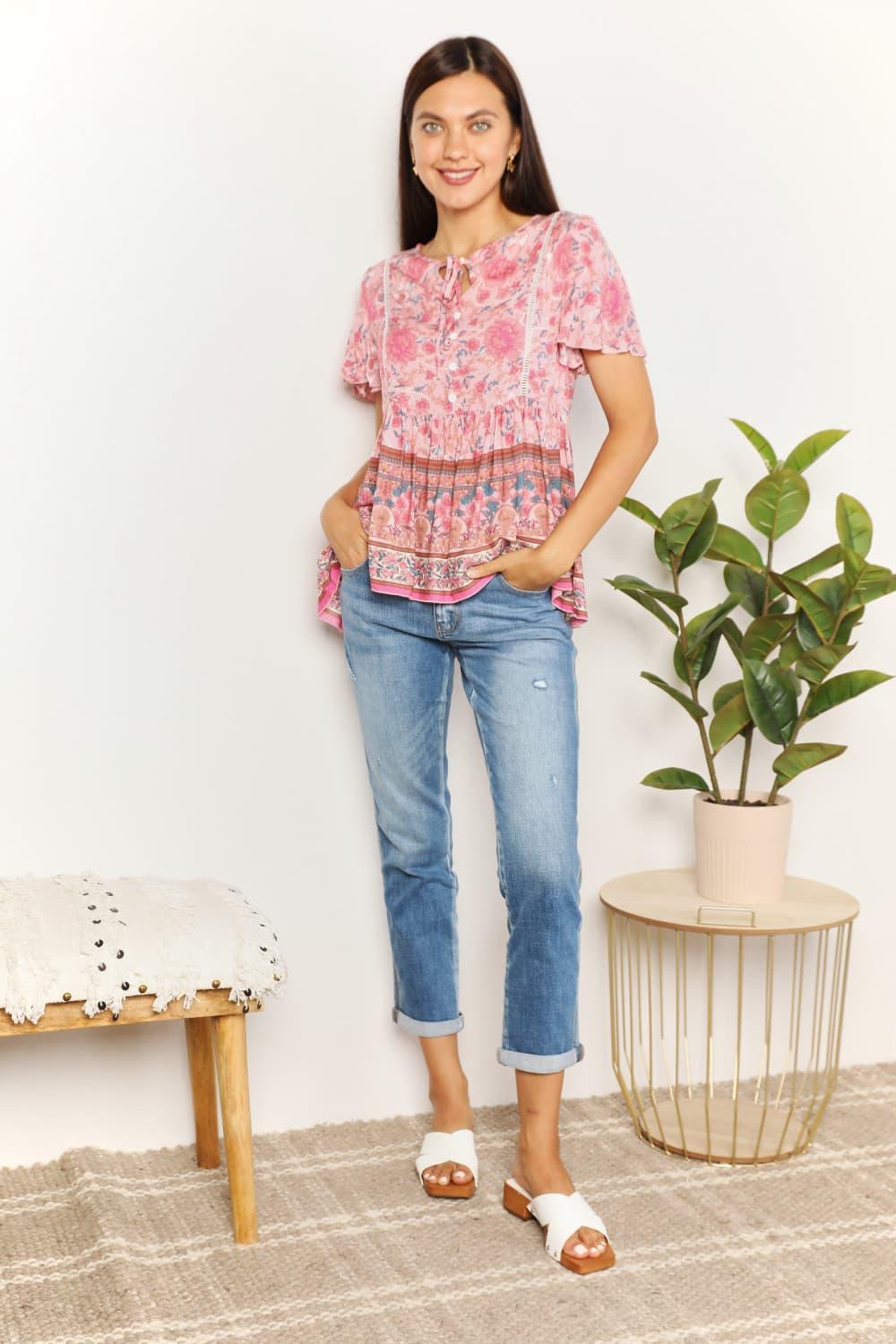 Perfee Bohemian Decorative Button Tie-Neck Peplum Blouse Carauana Store