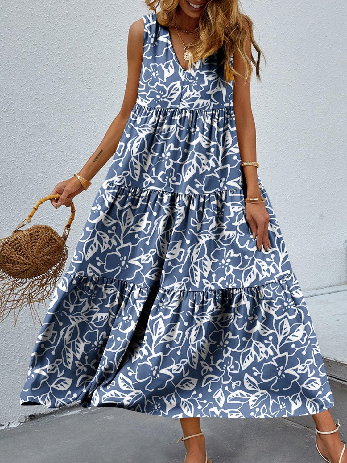 Tiered Printed V-Neck Sleeveless Dress Carauana Store