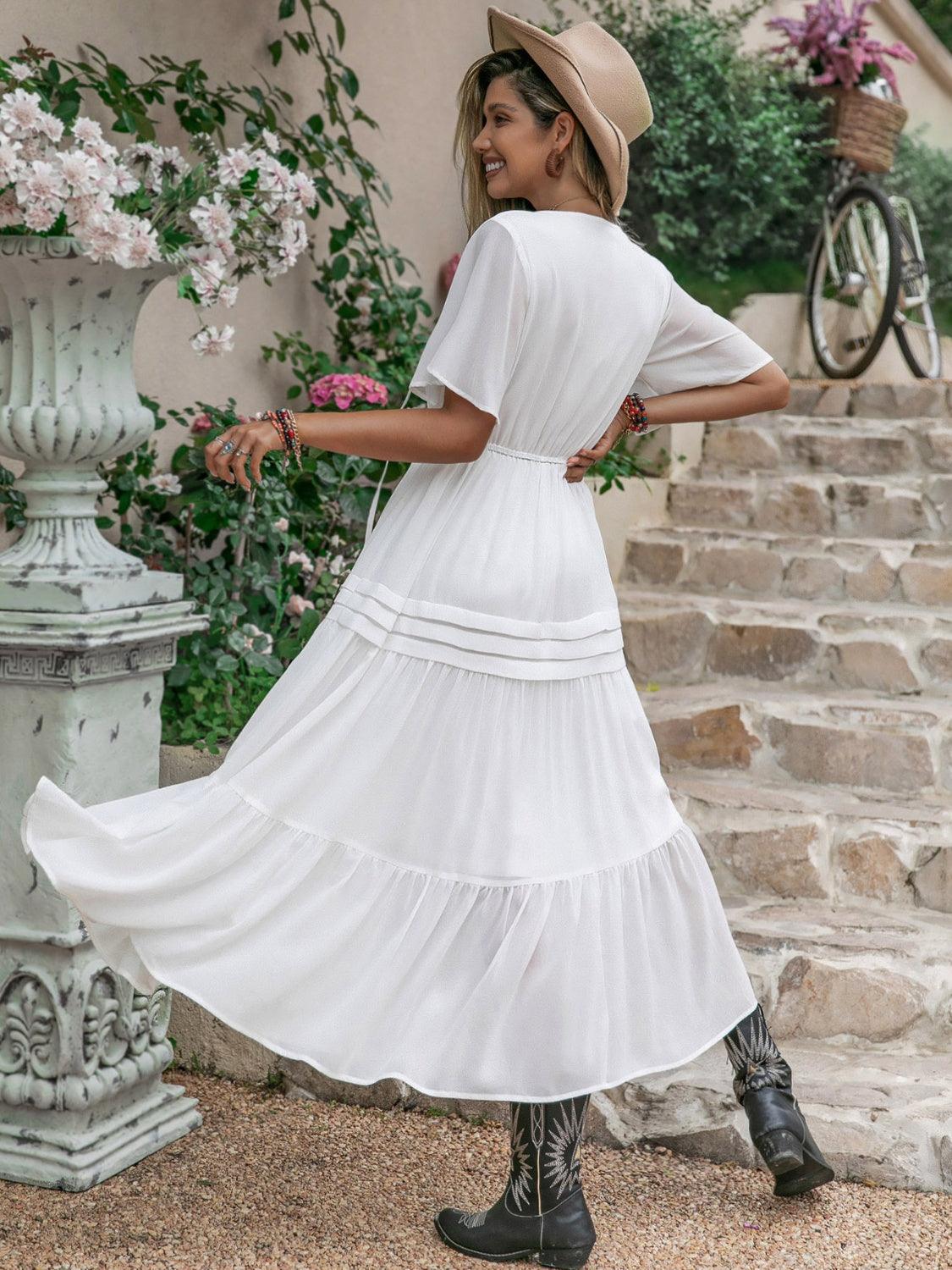 Tie Neck Short Sleeve Ruffle Hem Dress Carauana Store