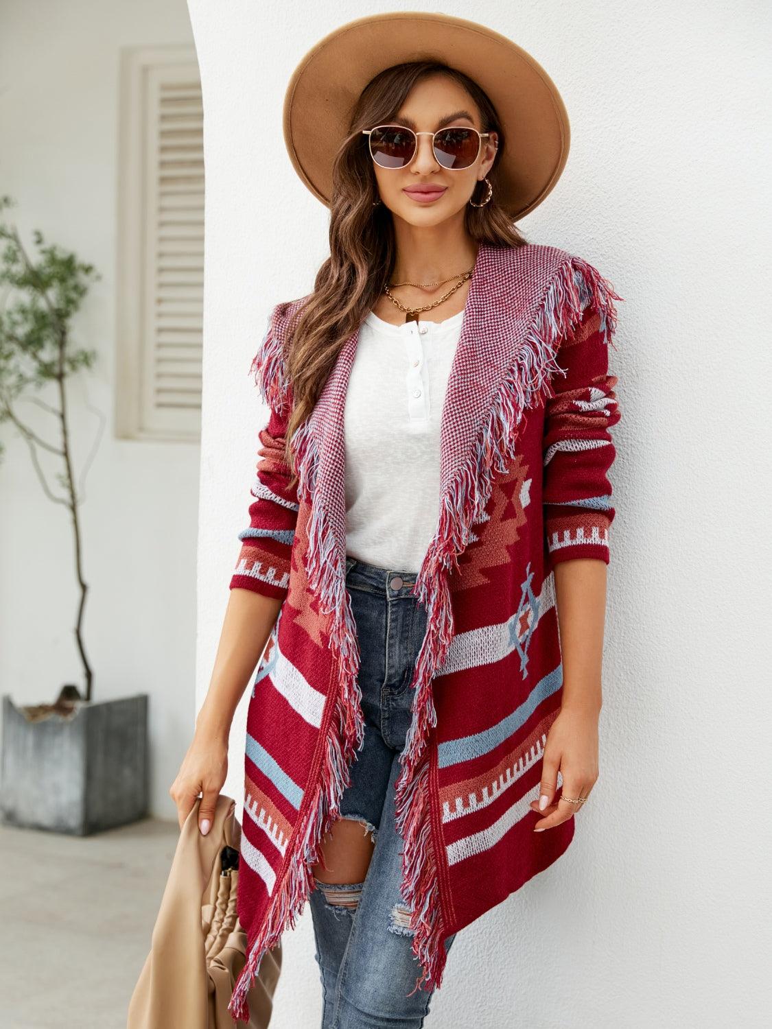 Fringe Geometric Hooded Long Sleeve Cardigan Carauana Store