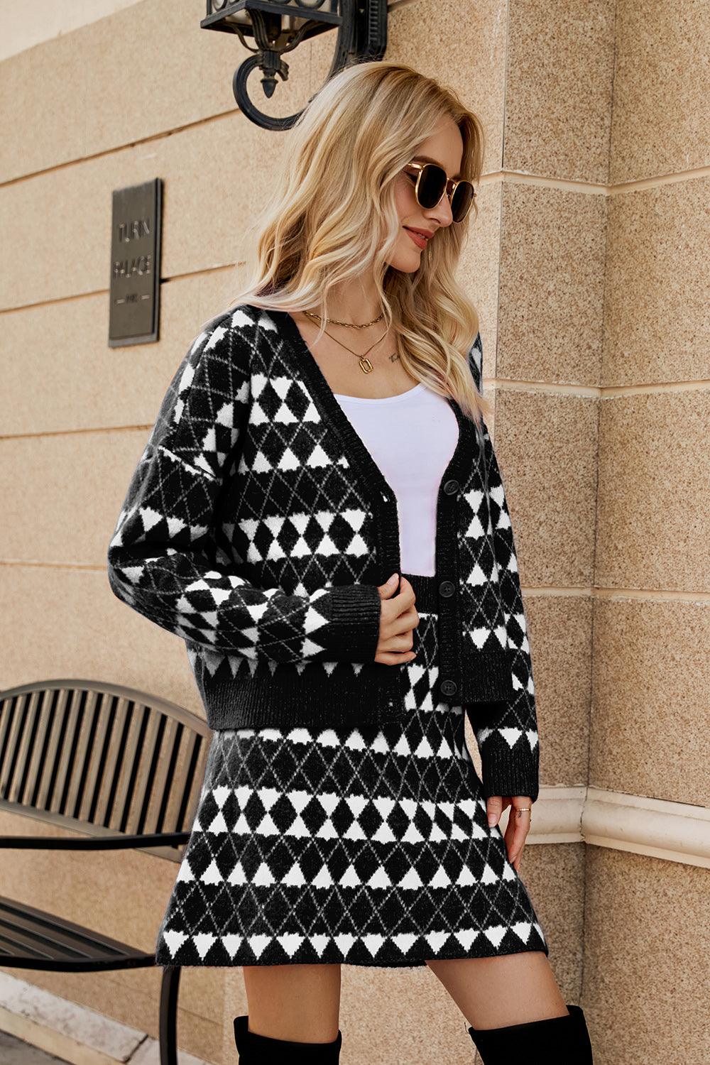 Geometric Button Front Cardigan and Skirt Set Carauana Store