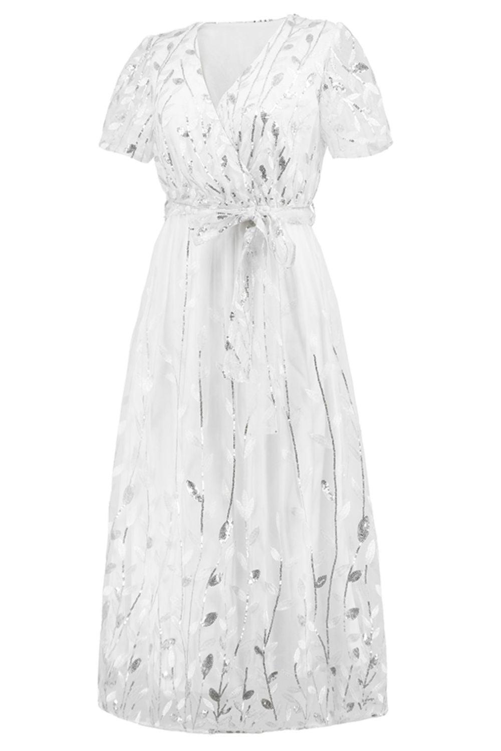 Sequin Leaf Embroidery Tie Front Short Sleeve Dress Carauana Store