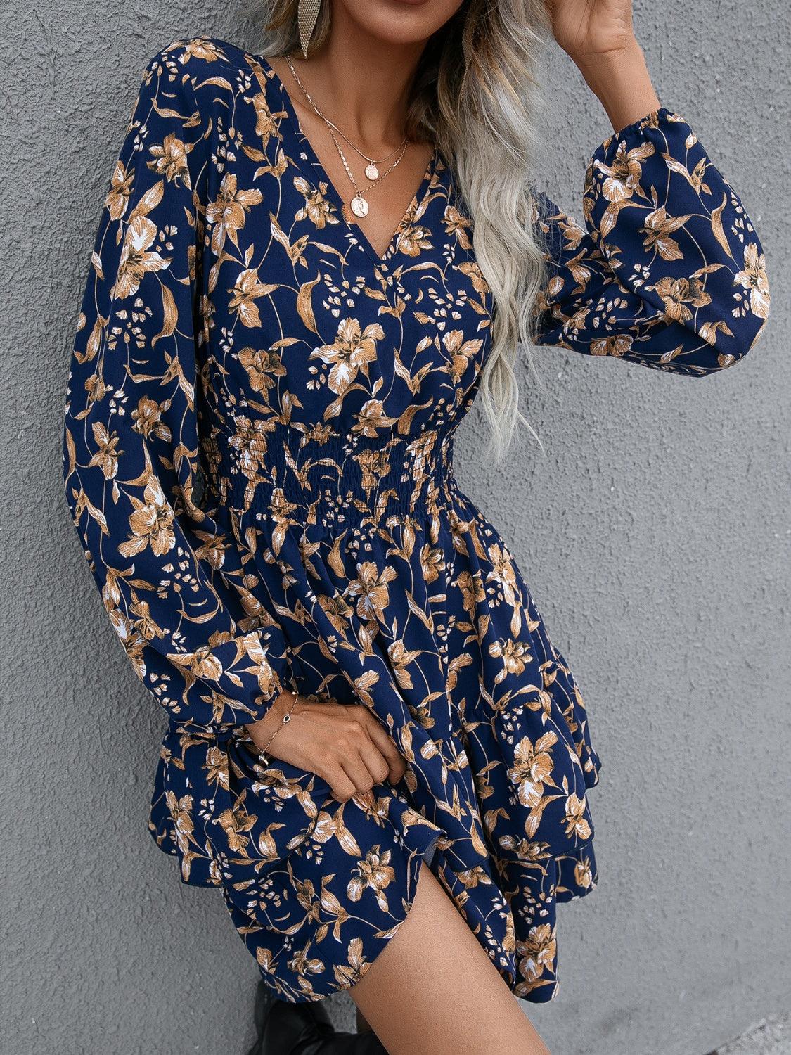 Floral Layered Surplice Balloon Sleeve Dress Carauana Store