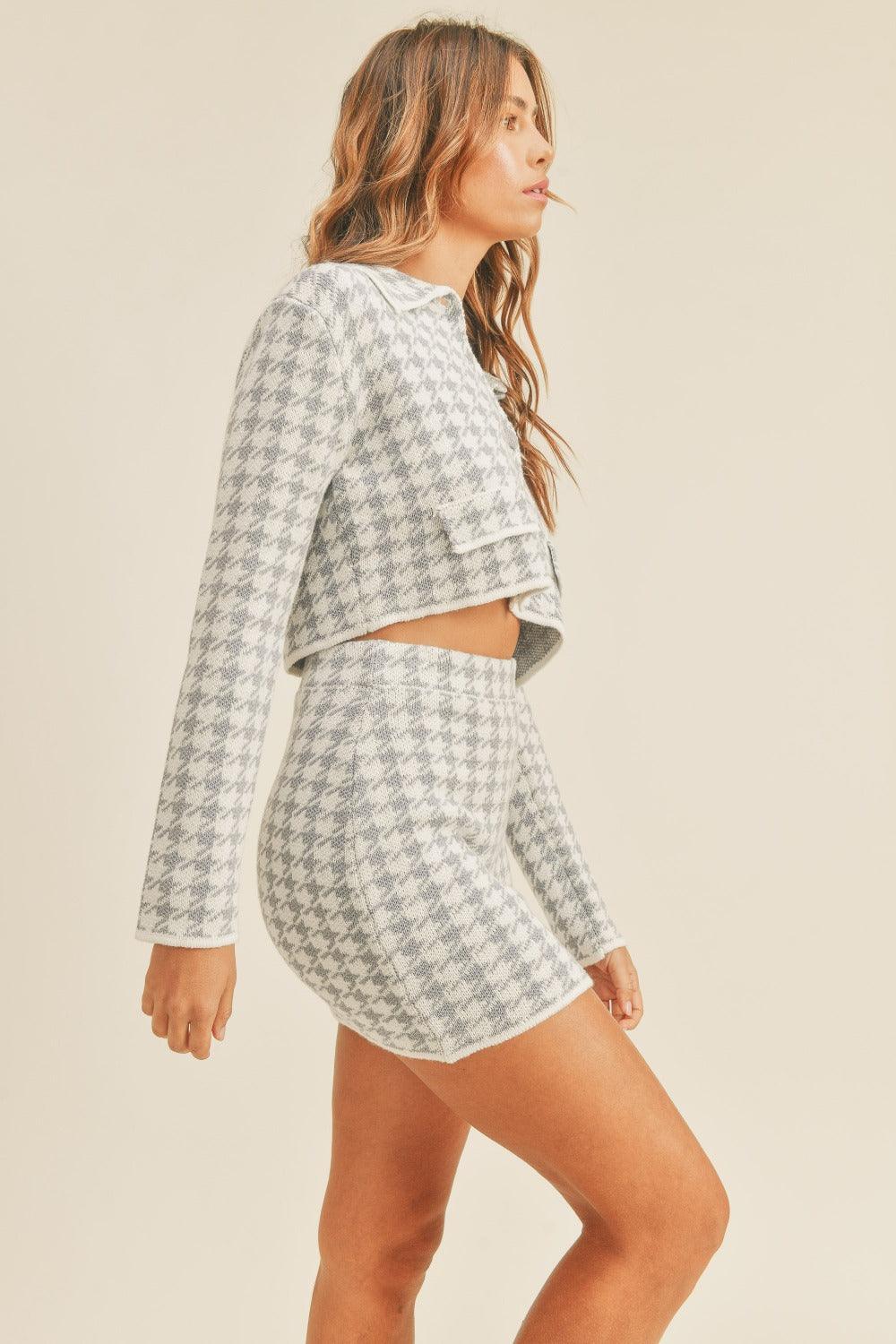 MABLE Houndstooth Cropped Knit Cardigan and Mini Skirt Set Carauana Store