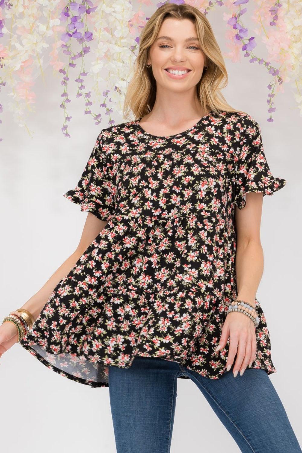 Celeste Full Size Floral Ruffled Short Sleeve Blouse Carauana Store