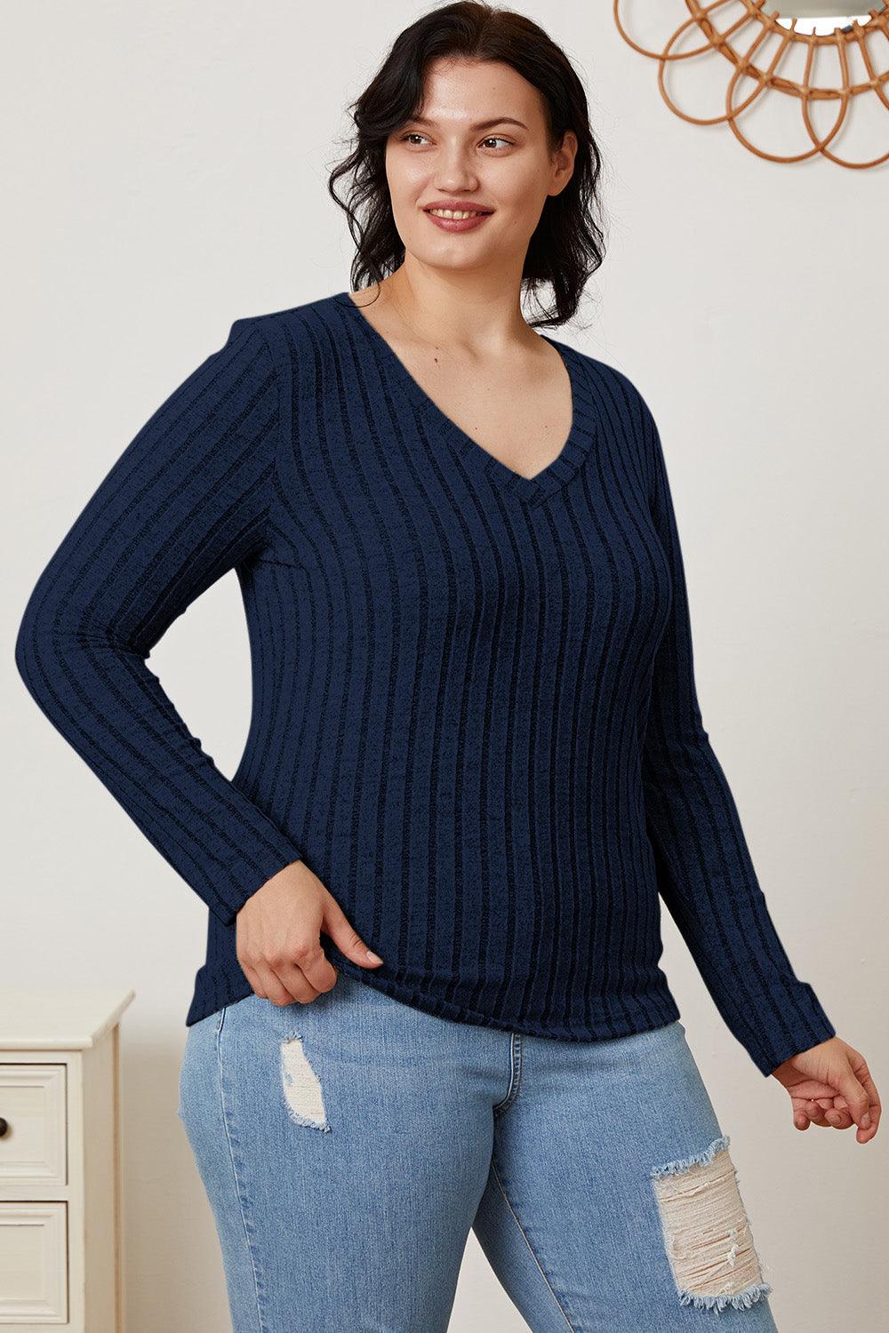 Basic Bae Full Size Ribbed V-Neck Long Sleeve T-Shirt Carauana Store
