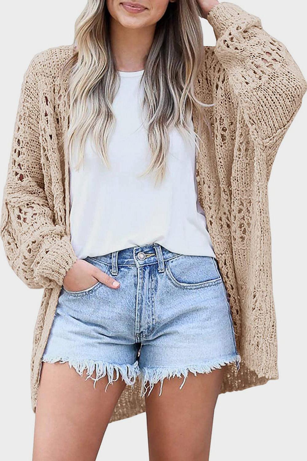 Openwork Open Front Long Sleeve Cardigan Carauana Store