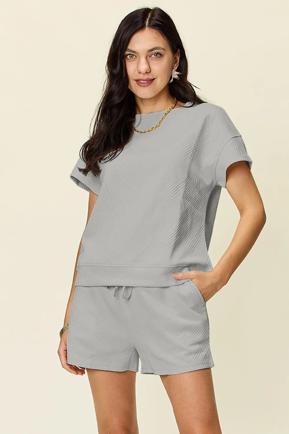 Double Take Full Size Texture Short Sleeve T-Shirt and Drawstring Shorts Set Carauana Store