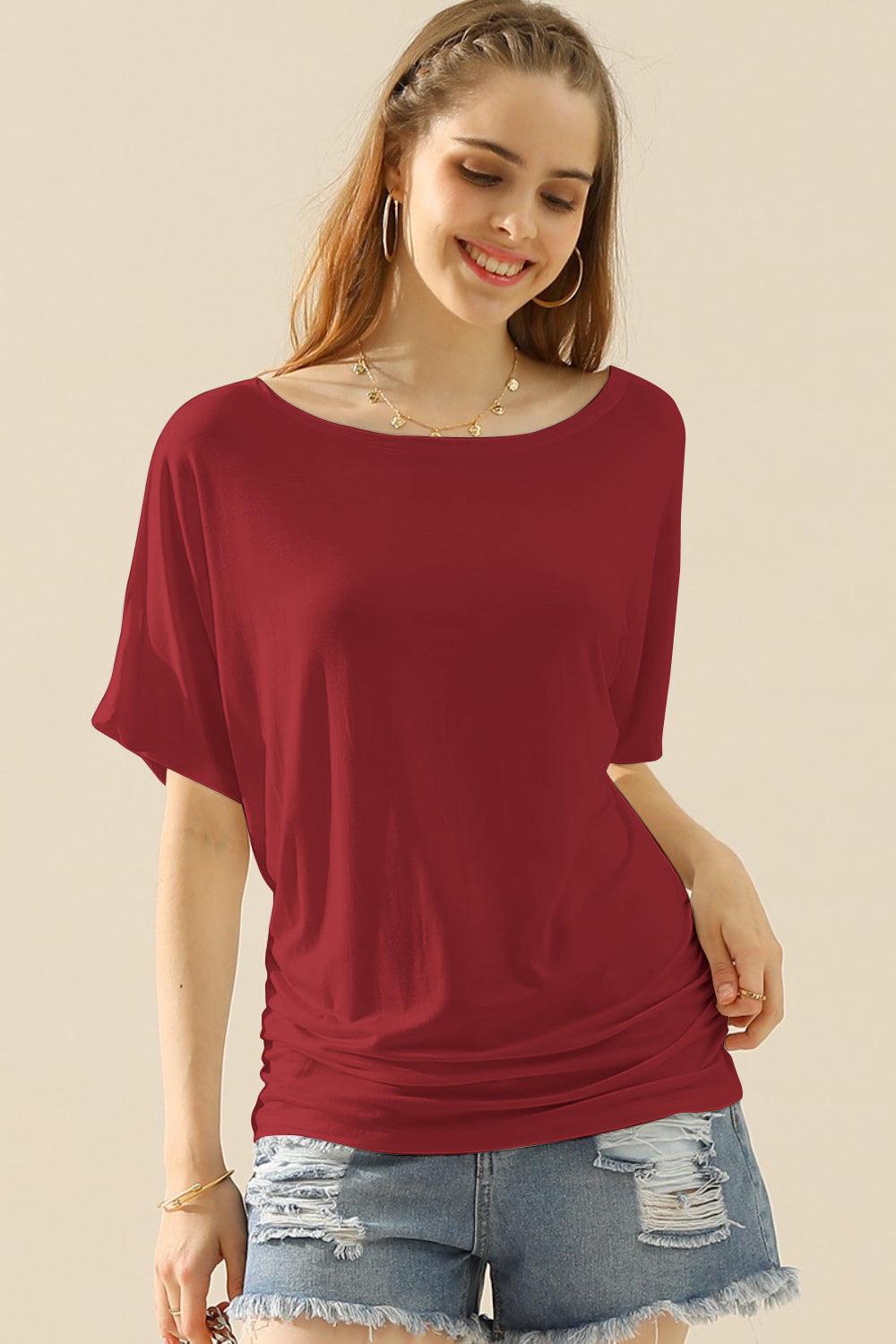 Ninexis Boat Neck Short Sleeve Ruched Side Top Carauana Store