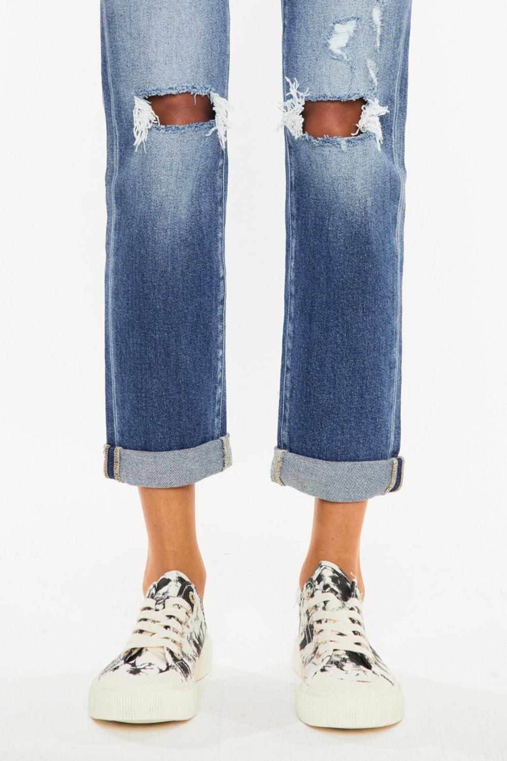 Kancan High Waist Distressed Hem Detail Cropped Straight Jeans Carauana Store