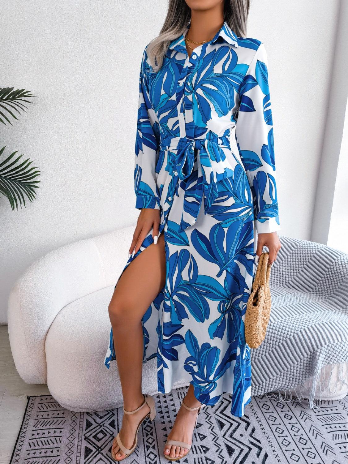 Tied Button Up Long Sleeve Dress Carauana Store