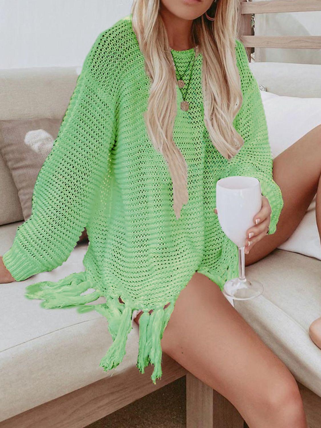 Double Take Openwork Tassel Hem Long Sleeve Knit Cover Up Carauana Store