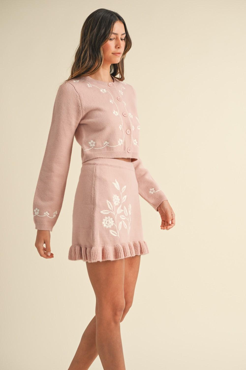MABLE Floral Embroidered Crop Cardigan and Ruffled Mini Skirt Set Carauana Store