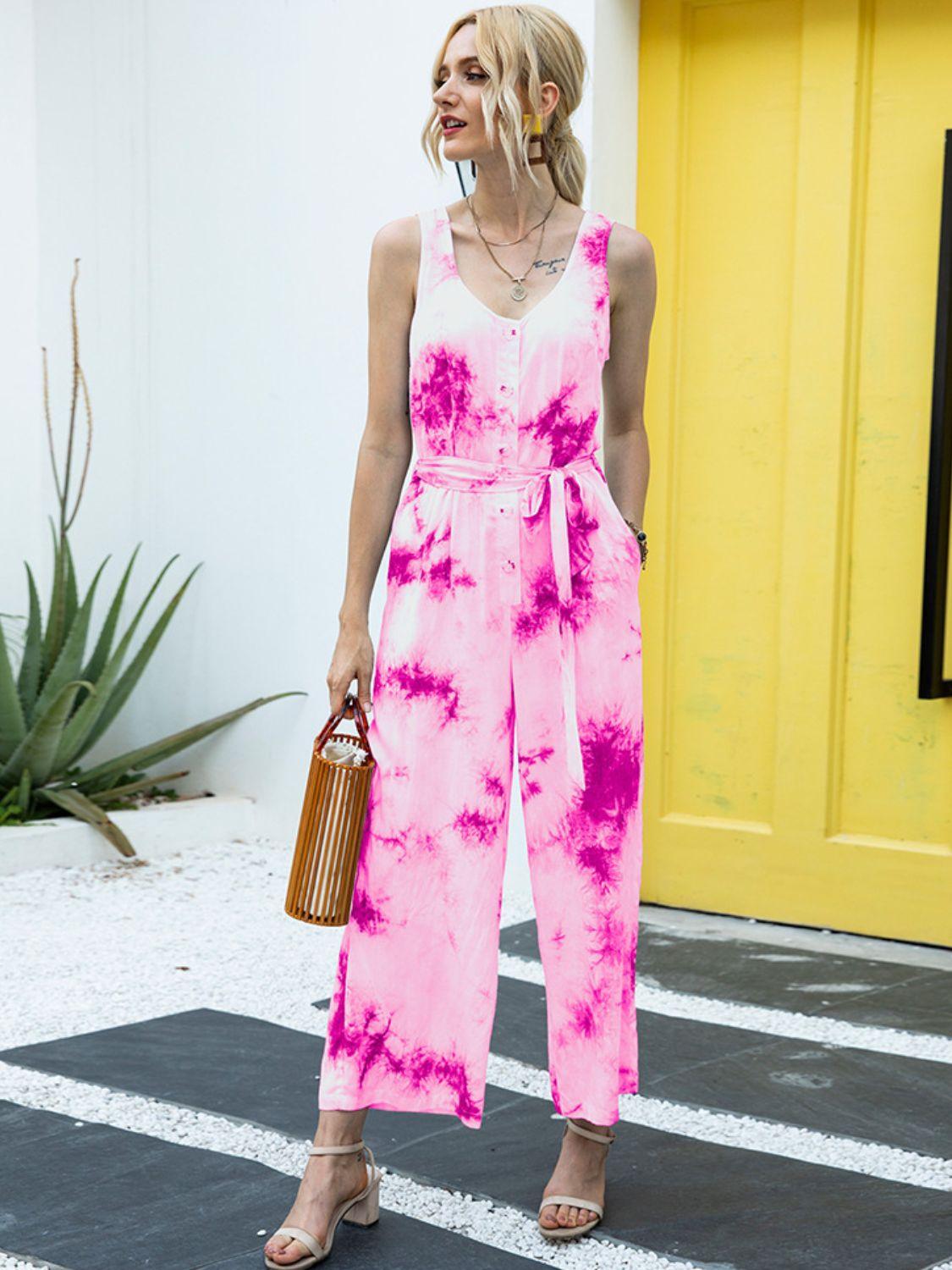 Tie-Dye Tie Waist Sleeveless Jumpsuit Carauana Store