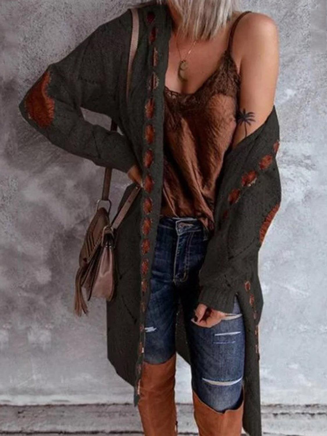 Openwork Long Sleeve Open Front Hooded Cardigan Carauana Store