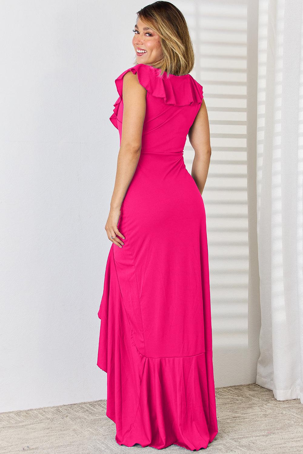 Ruffled V-Neck High-Low Dress Carauana Store