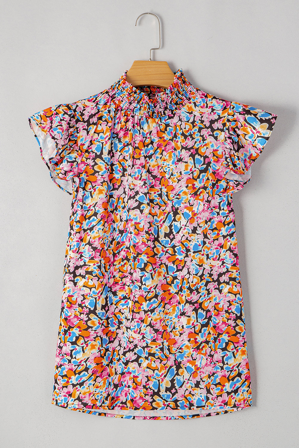 Orange Floral Print Flutter Sleeve Blouse Top