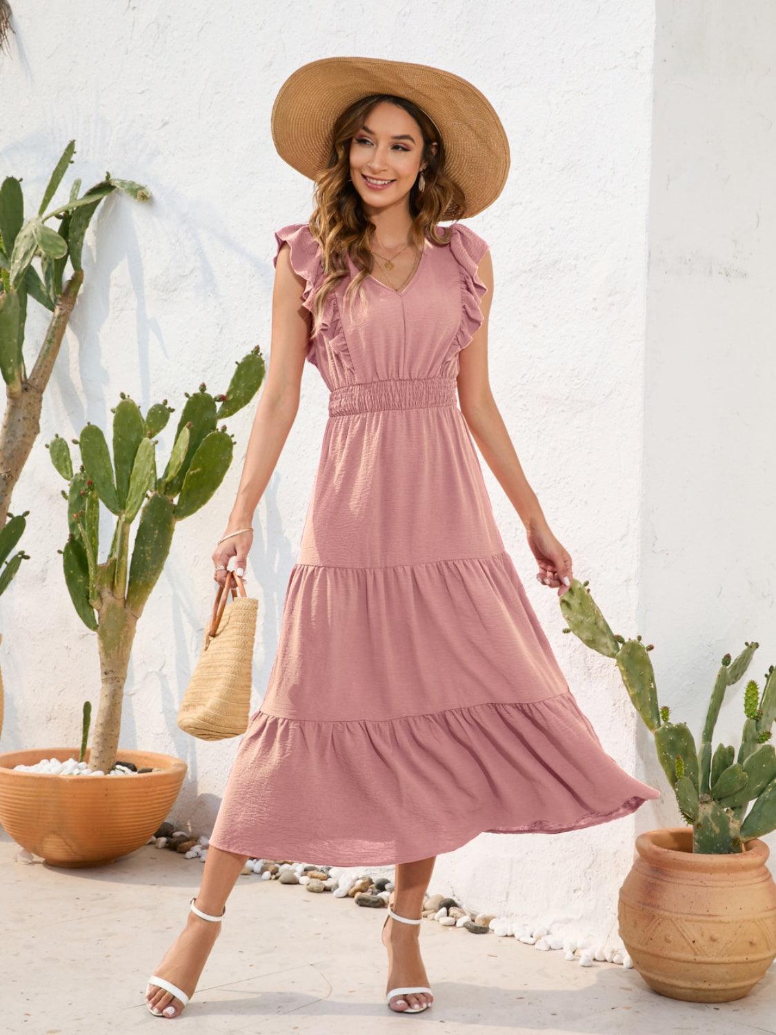 Tiered Ruffled V-Neck Cap Sleeve Dress Carauana Store