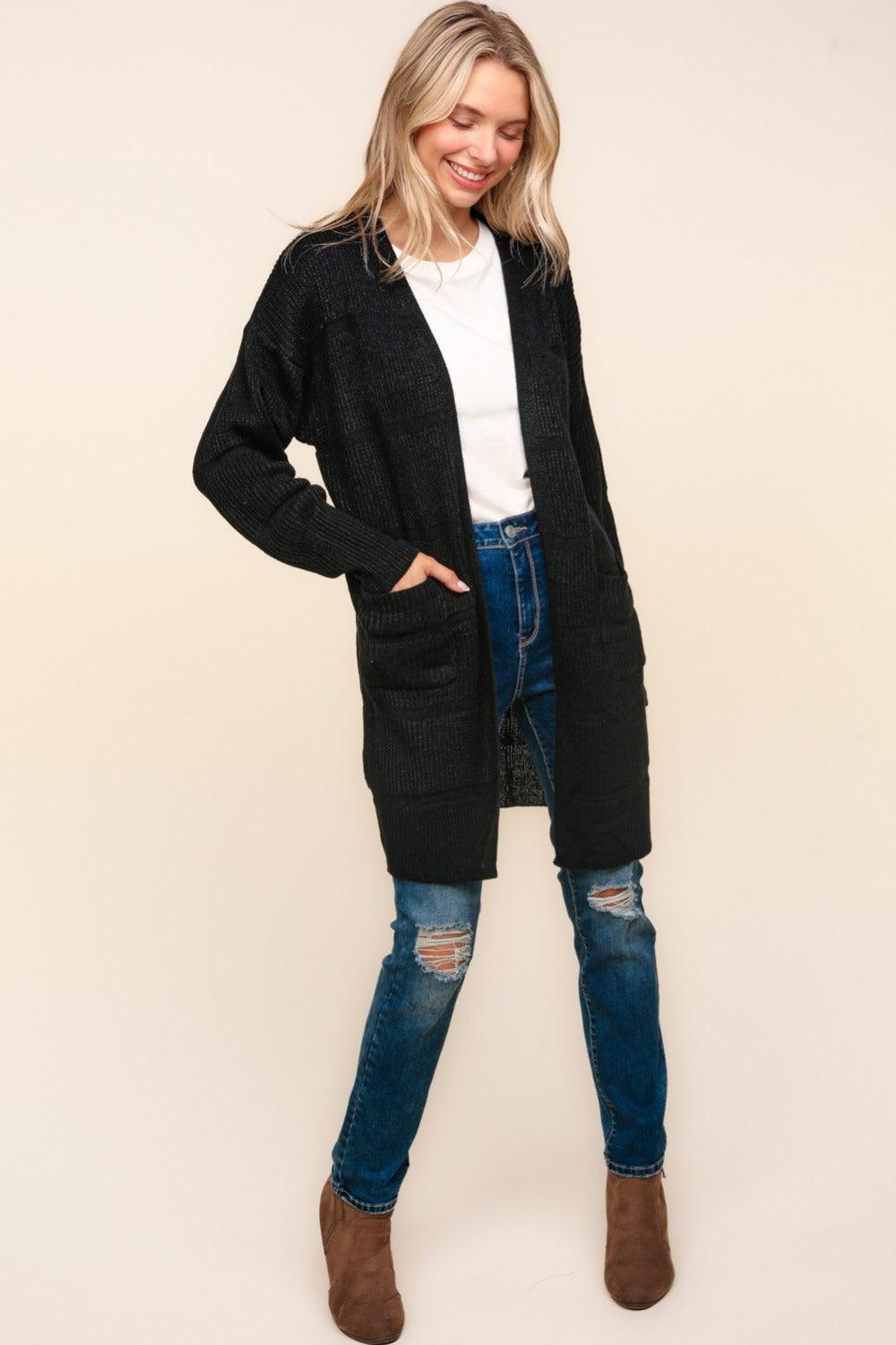 Haptics Stripe Textured Open Front Cardigan with Pockets Carauana Store