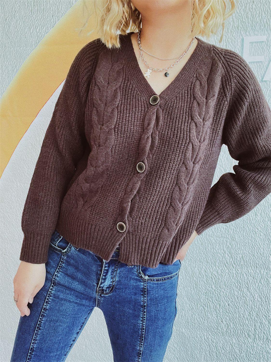 Cable-Knit V-Neck Button Down Long Sleeve Cardigan Carauana Store