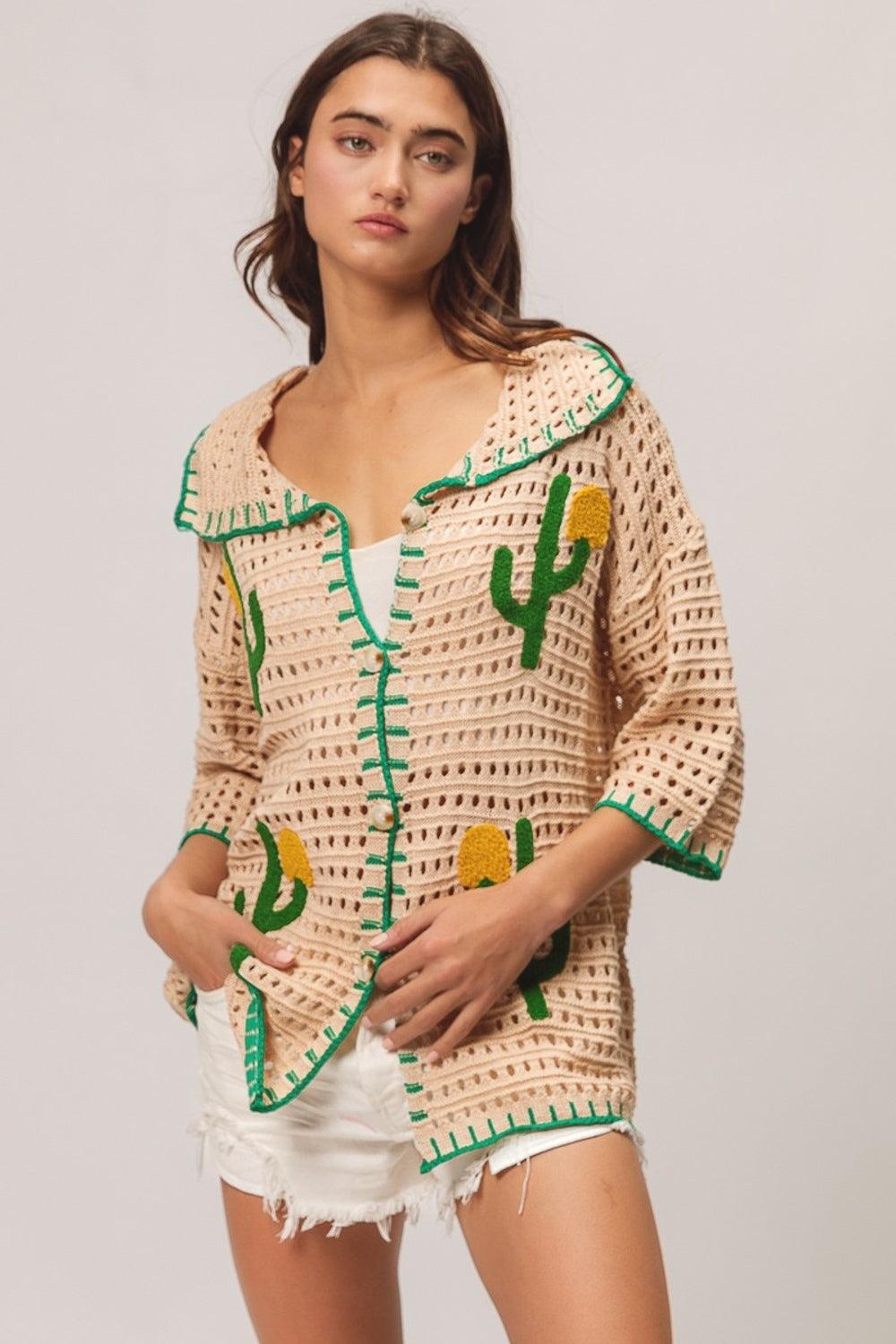 BiBi Edge Stitched Cactus Patch Sweater Cardigan Carauana Store