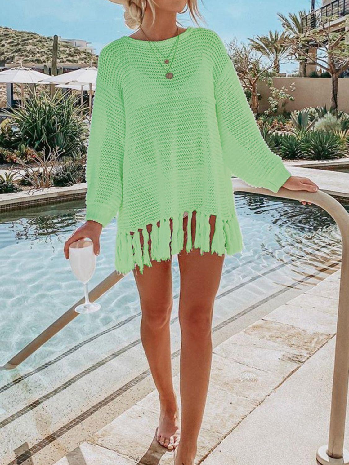 Double Take Openwork Tassel Hem Long Sleeve Knit Cover Up Carauana Store
