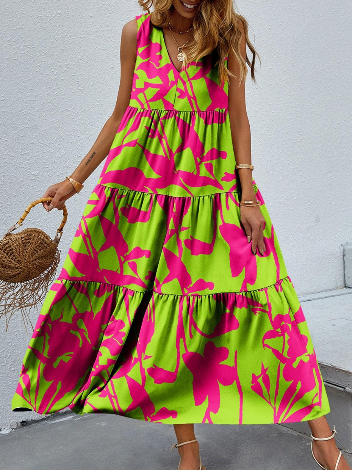 Tiered Printed V-Neck Sleeveless Dress Carauana Store