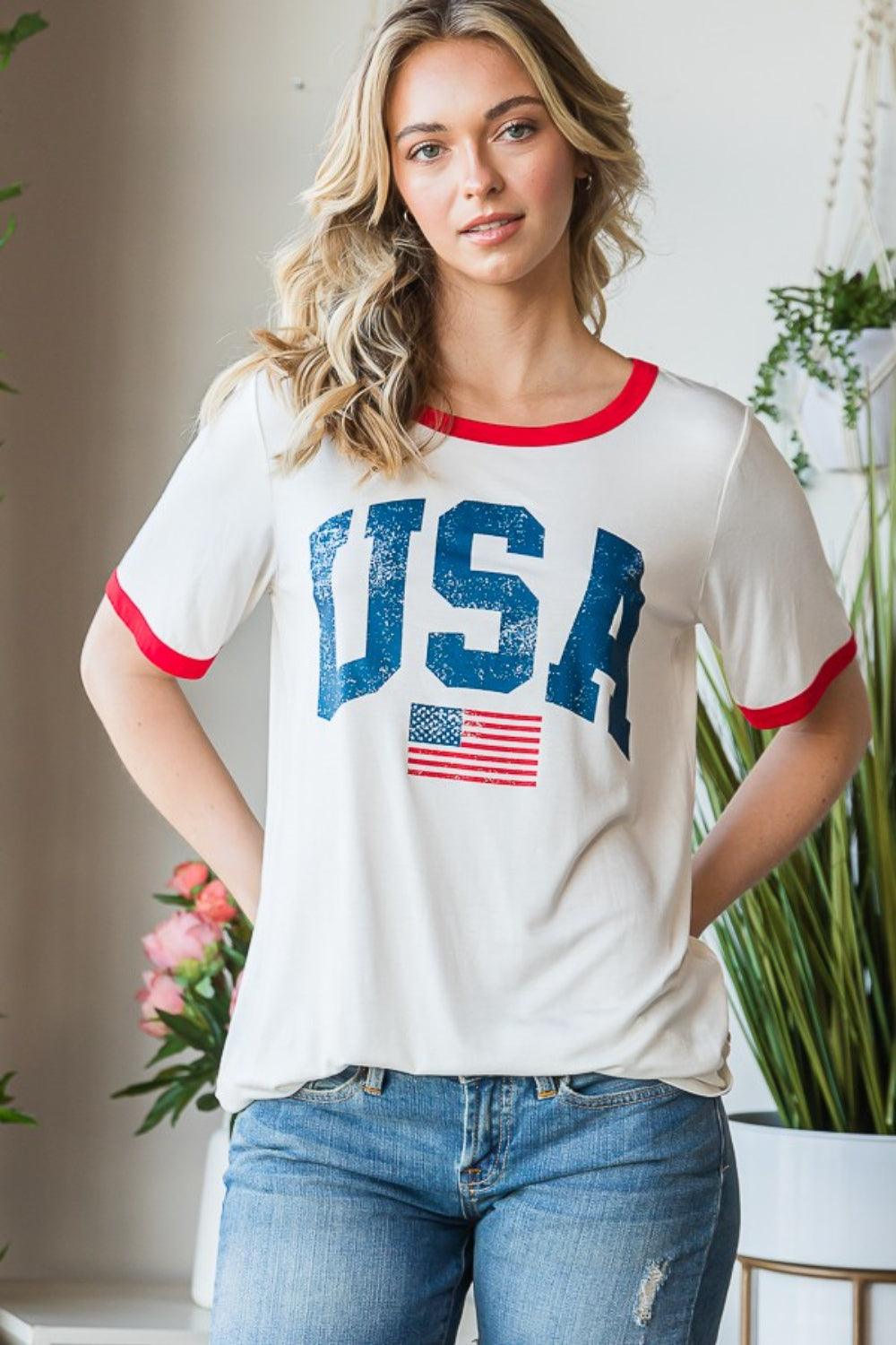 Heimish Full Size USA Contrast Trim Short Sleeve T-Shirt Carauana Store