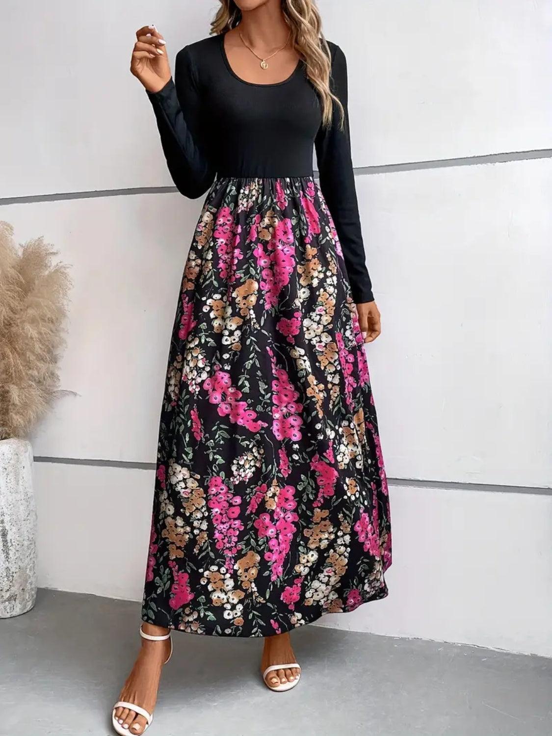 Floral Round Neck Long Sleeve Maxi Dress Carauana Store