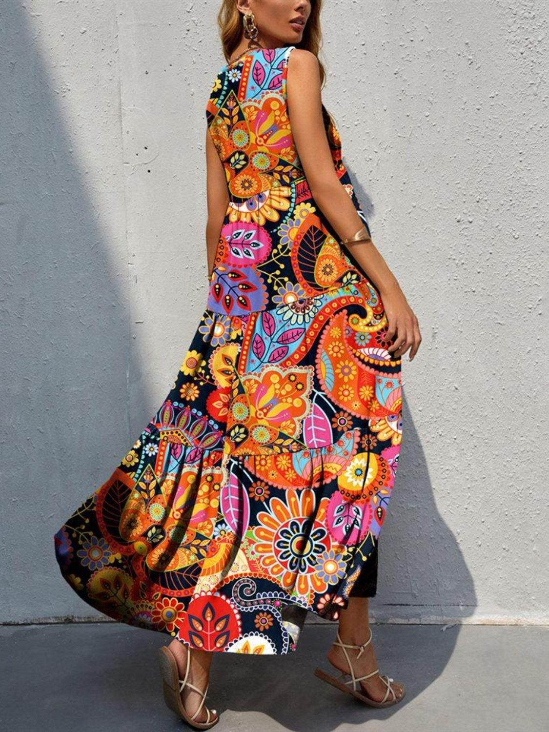 Tiered Printed V-Neck Sleeveless Dress Carauana Store