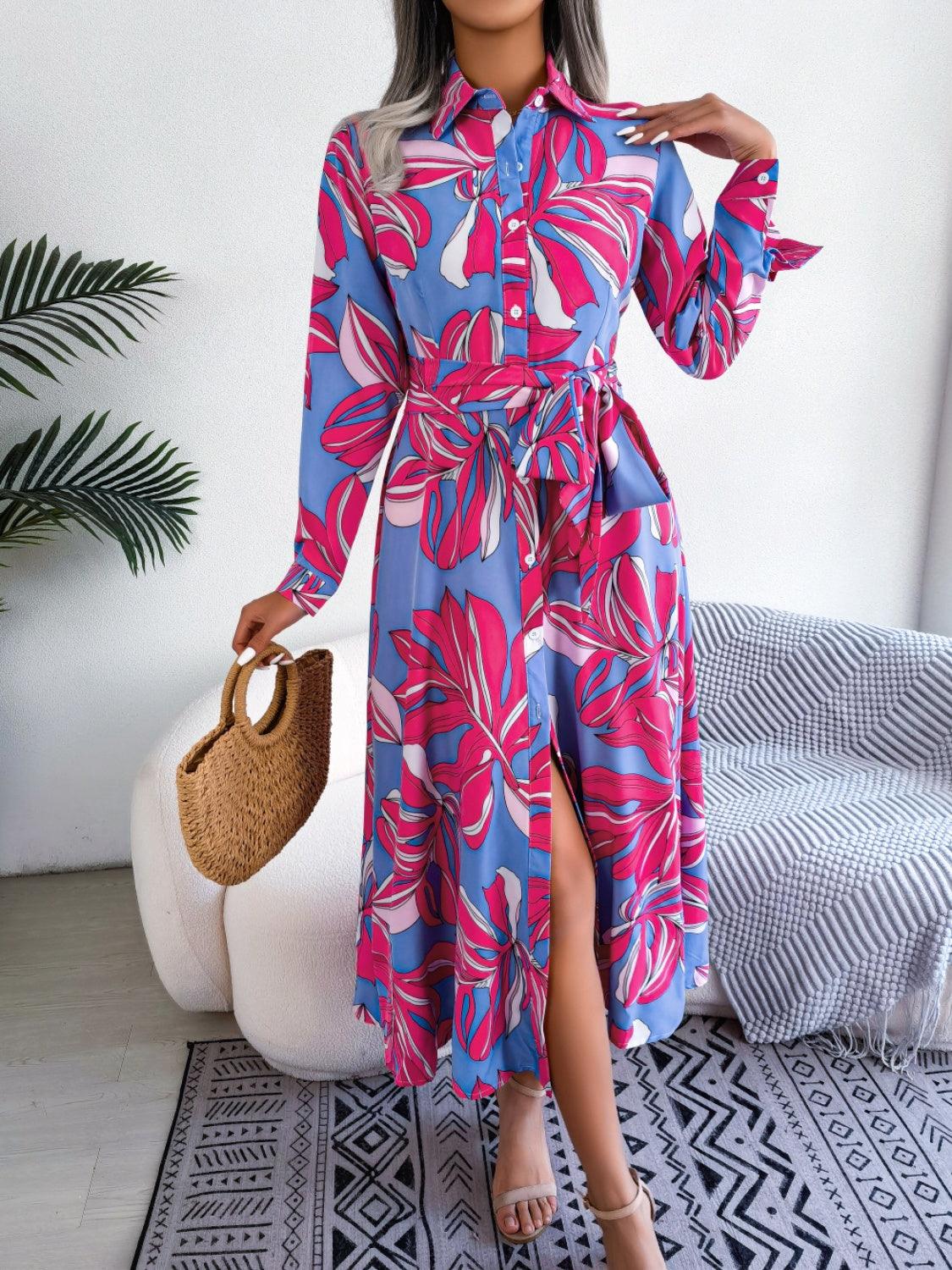 Tied Button Up Long Sleeve Dress Carauana Store