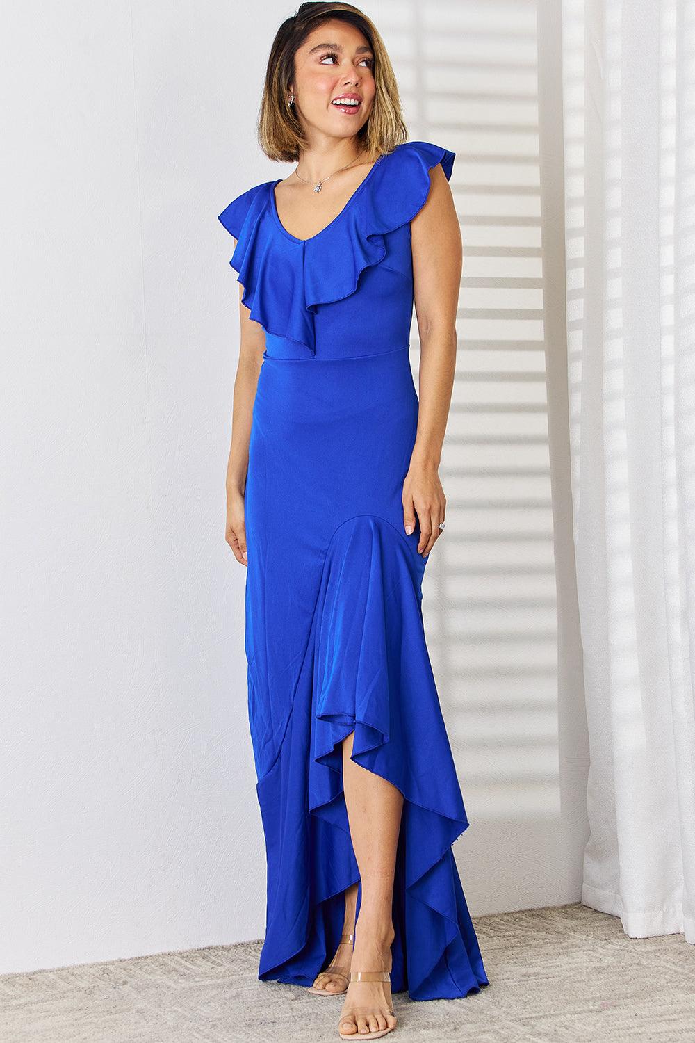 Ruffled V-Neck High-Low Dress Carauana Store