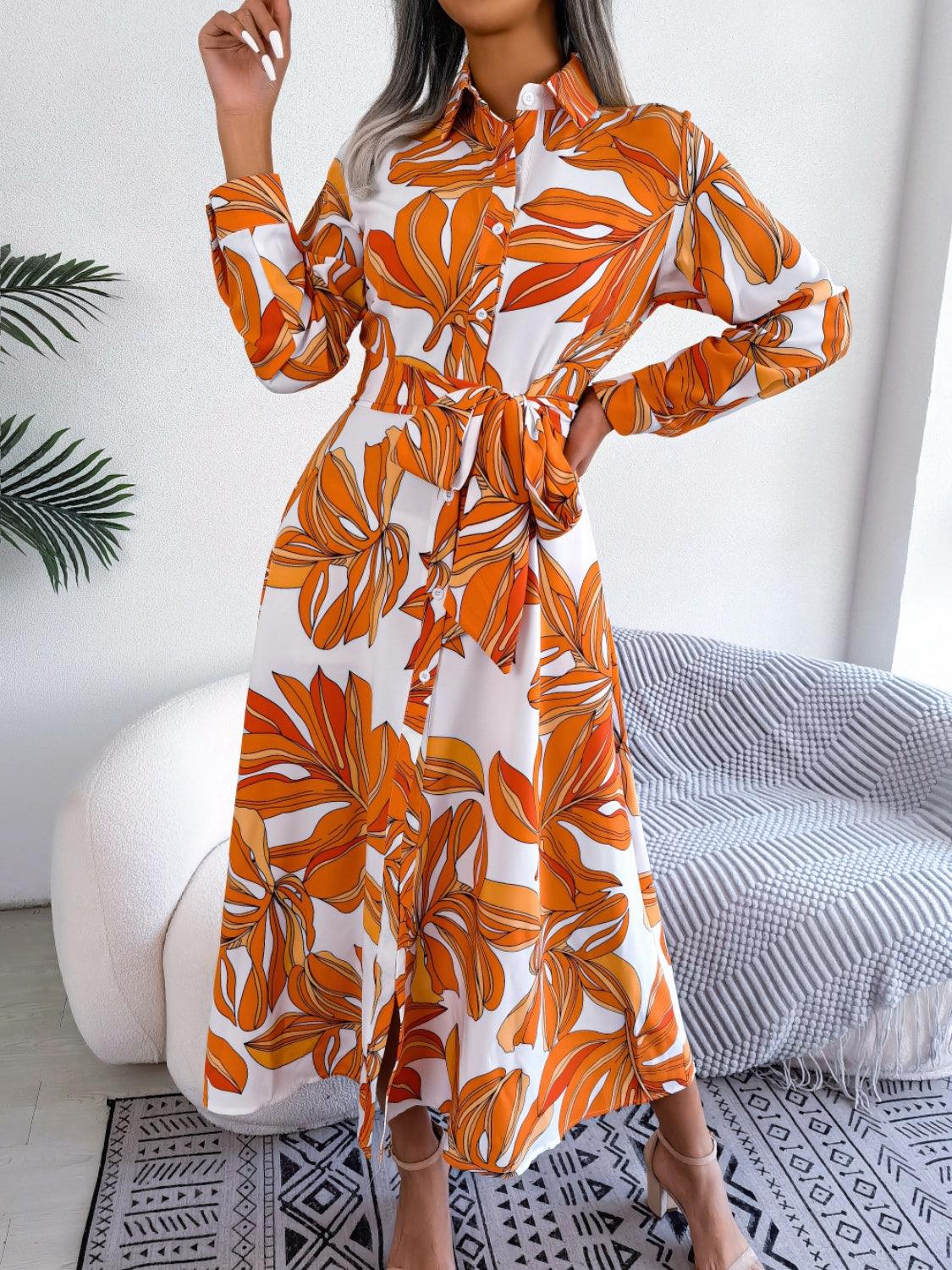 Tied Button Up Long Sleeve Dress Carauana Store