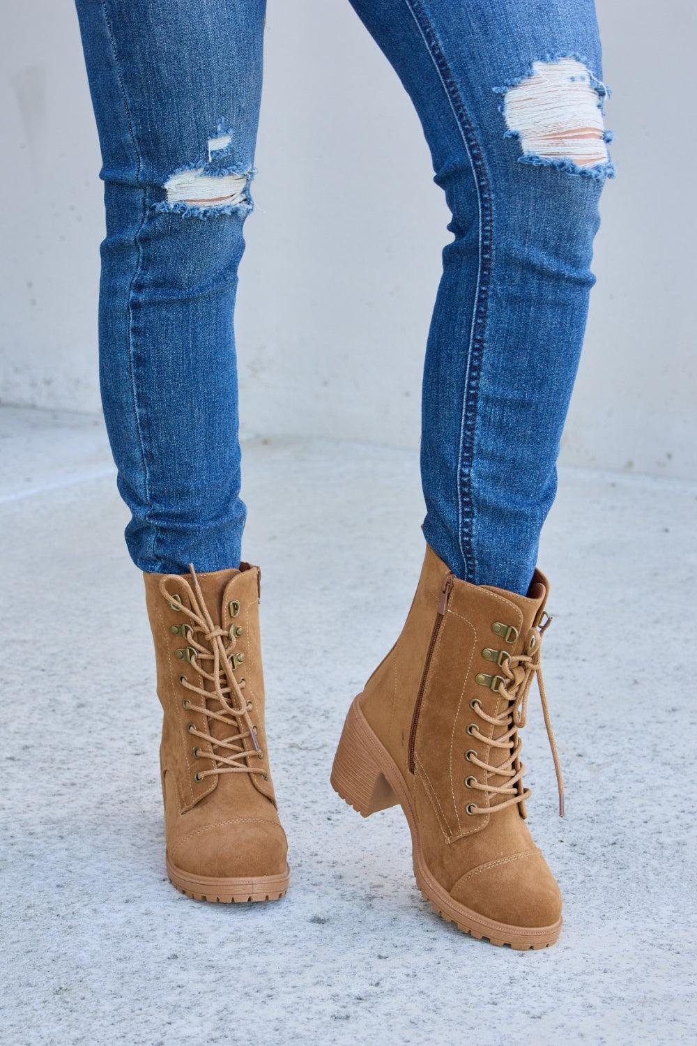 Forever Link Lace-Up Zipper Detail Block Heel Boots Carauana Store