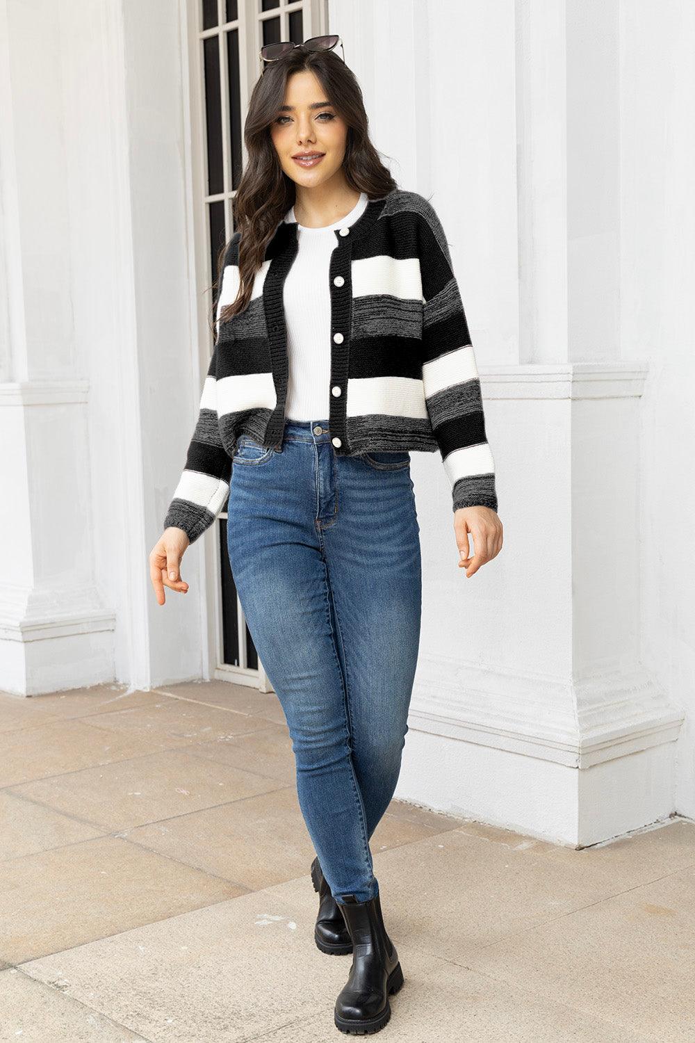 Striped Button Up Long Sleeve Cardigan Carauana Store