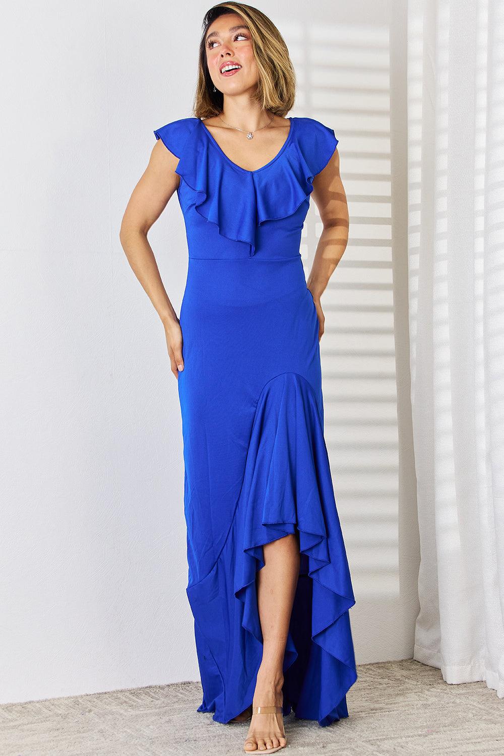 Ruffled V-Neck High-Low Dress Carauana Store