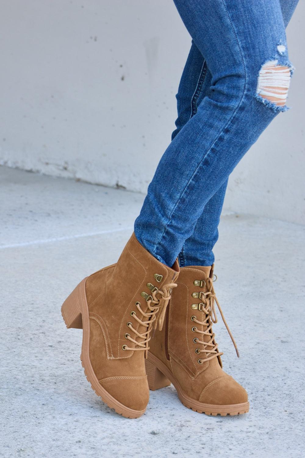 Forever Link Lace-Up Zipper Detail Block Heel Boots Carauana Store